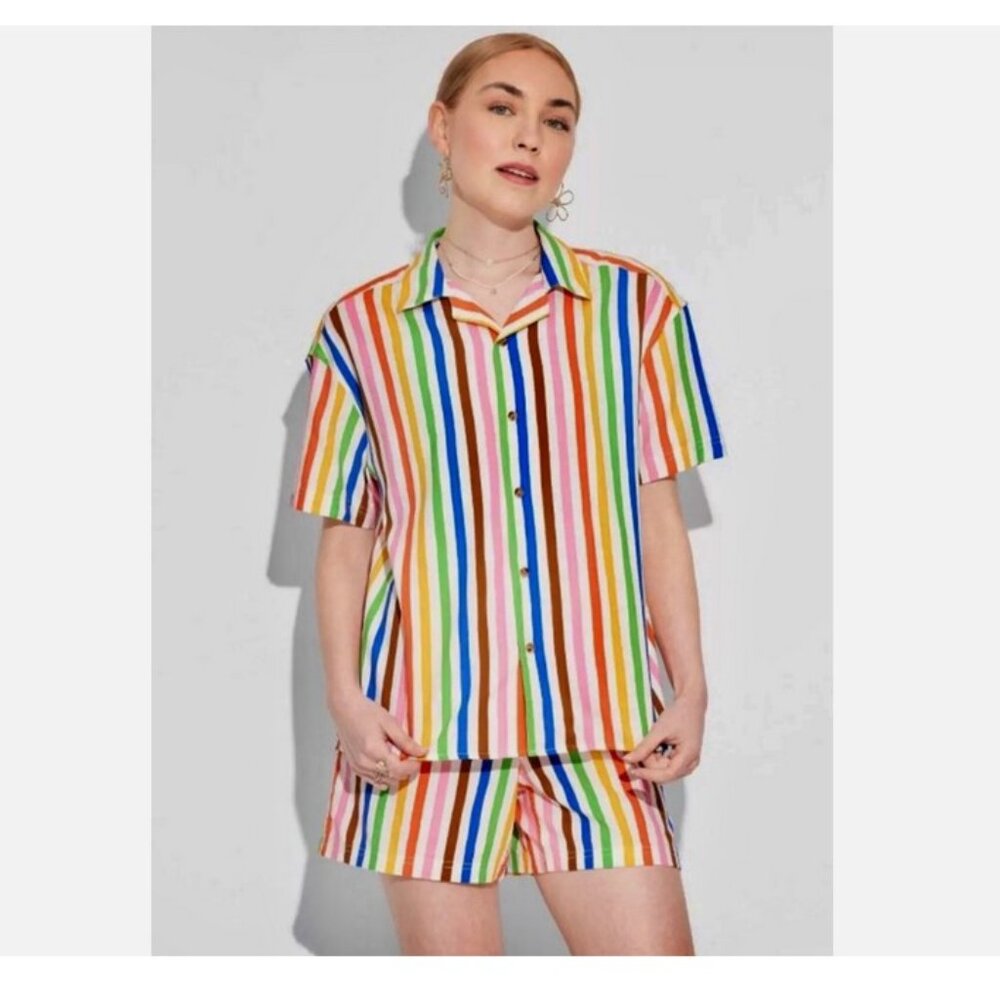 Pride Adult Bold Rainbow Short Sleeve Woven Cabana Short Set